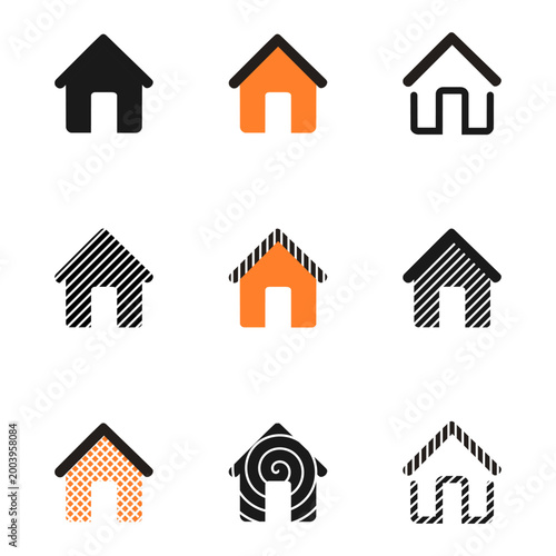 stylized Home icons set, Simple Home icon n flat house icon, line art home icon, Collection home icons. House symbol. Set of real estate objects and houses black icons isolated on white background
