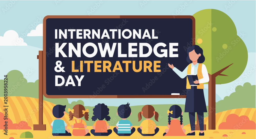 Naklejka premium People sitting in front of billboard with International Knowledge & Literature Day text in colorful flat illustration for education
