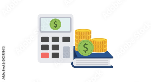 calculator with coins and book on white background