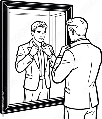 Line art illustration of a well-dressed man adjusting his collar while looking in the mirror, representing themes of confidence, grooming, and preparation for a formal event.