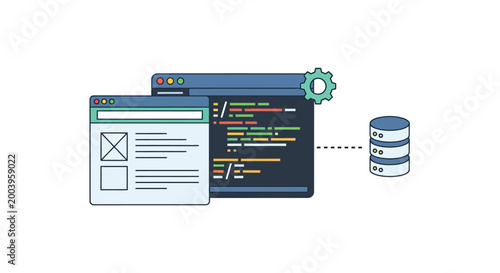 web development process with code editor and database