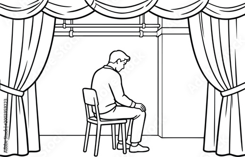 Man Sitting Alone on a Theater Stage with Curtains, Sadness and Solitude Concept, Vector Line Art Illustration
