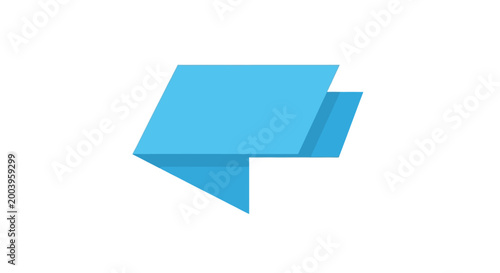 geometric speech bubble design in blue on white background