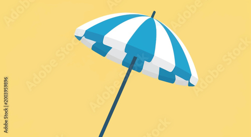 beach umbrella with blue and white stripes on yellow background