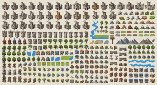 Isometric medieval map icons set, vintage fantasy world building elements, pixel art style castle and landscape vector collection for game design