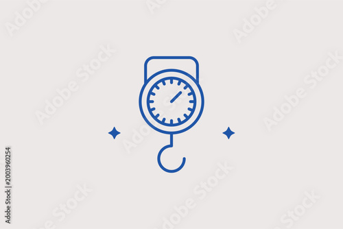 Mechanical hanging scale line icon for fish markets and outdoor produce weighing. Practical vector illustration for gardening equipment and traditional market brochures.