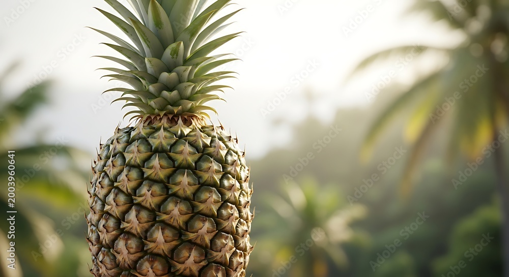 Obraz premium A ripe pineapple stands prominently in a lush tropical garden with palm trees.