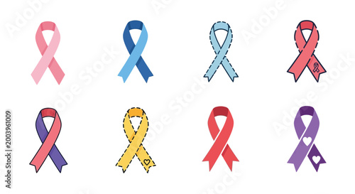 set of awareness ribbons in various colors on white background