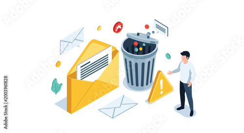 Email spam filtering concept featuring a person pointing at a trash bin filled with unwanted messages and warning signs.