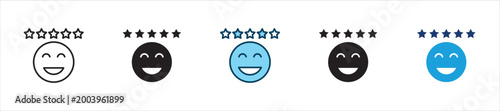 Smiley with 5 stars icon. Icon symbol usable for: satisfaction, rating, five stars, positive feedback, review, happiness, approval, quality, customer experience. Vector illustration