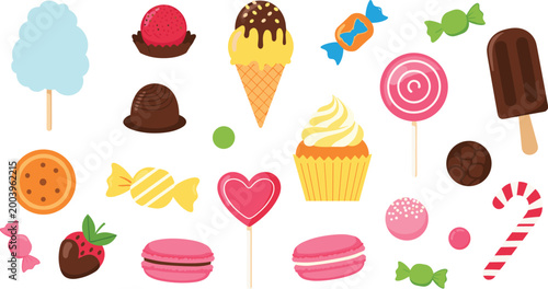 Quadro su tela Colorful sweets and dessert flat icon set featuring ice cream, candy, lollipop,