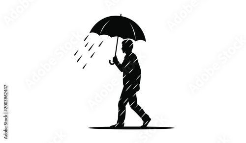 A solitary figure walks forward shielded by an open umbrella against falling rain presented as a striking silhouette high quality professional detailed modern elegant