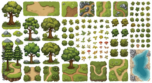 Isometric game environment assets, forest landscape map tiles and nature elements vector set, green trees and path construction kit for gaming