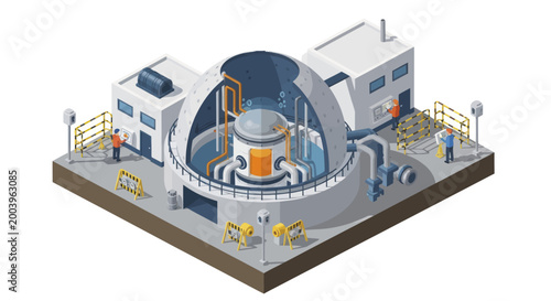 Εκτύπωση καμβά Isometric Nuclear Power Plant with Reactor and Engineers.