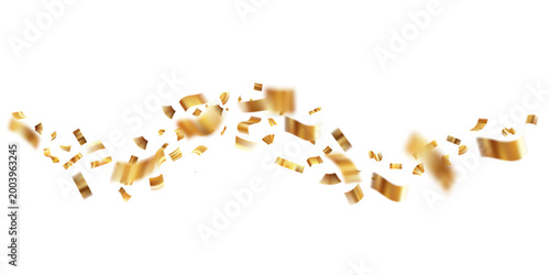 Golden confetti explosion with flowing ribbons and sparkling glitter elements. Illustration for anniversary celebrations, party backgrounds and confetti decoration designs. Vector illustration