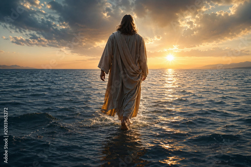 Jesus Walking on Water at Sunset Biblical Concept