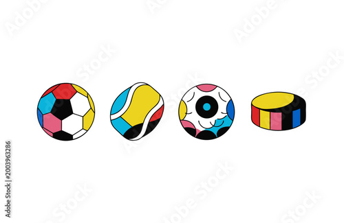 Four stylized sports objects in bright geometric colors: soccer ball, tennis ball, volleyball, and hockey puck.
