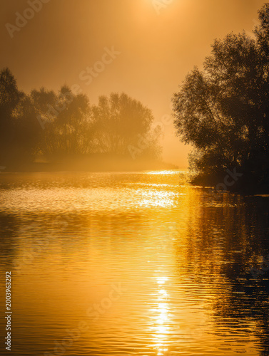Serene river landscape at golden hour with calm water reflecting warm sunlight and silhouettes of trees in misty atmosphere