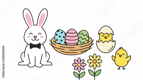 Cute Easter bunny and chick vector set, pastel colored eggs in bird nest, kawaii spring holiday characters, flat line art icons for greeting cards