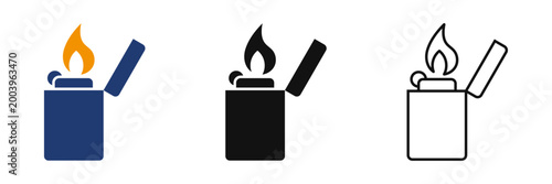 Gasoline lighter icon representing pocket lighter, ignition flame, spark and fuel fire start concept flammable tool vector stock illustration