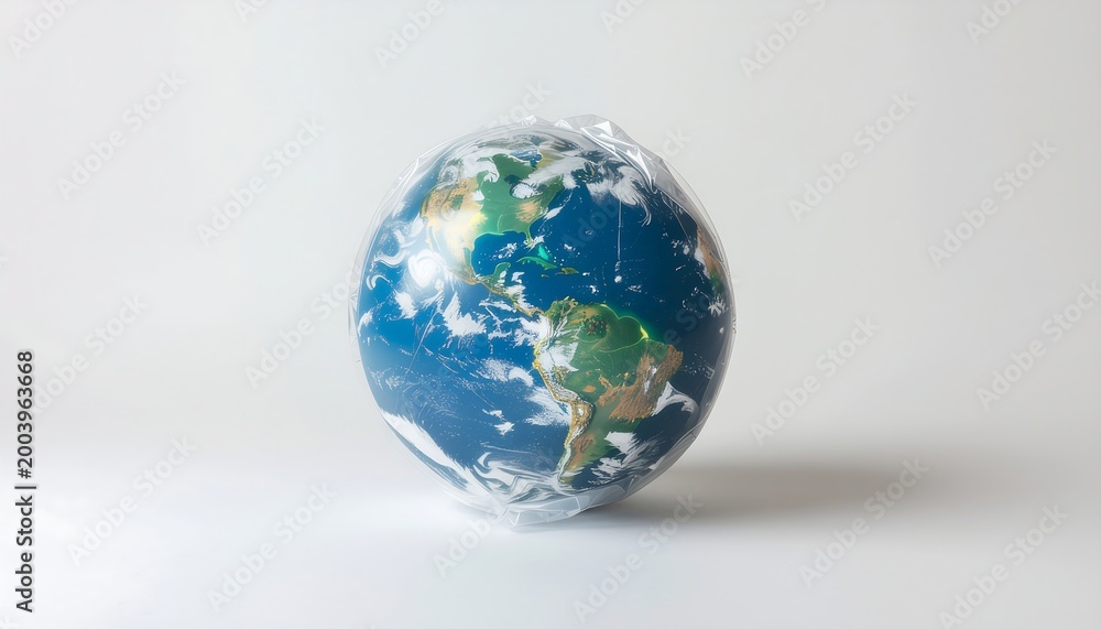 Fototapeta premium Floating inflatable Earth globe in clear plastic packaging, isolated on a clean white studio background, symbolizing global transport, shipping, protection, and international business concepts.