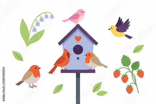 Spring birdhouse vector illustration with colorful songbirds, garden birds and floral elements, flat style bird house with strawberries and lily of the valley