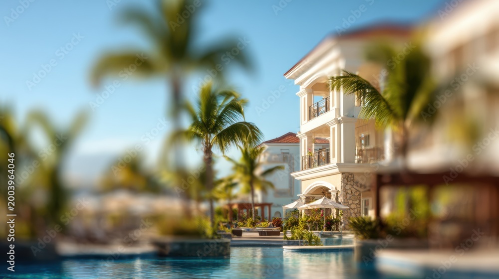 Fototapeta premium Cozy hotel poolside view with blurred lights and calm vacation vibe.
