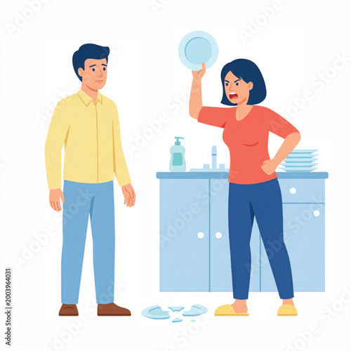 Domestic violence and toxic relationship concept, angry woman throwing plate at man in kitchen, flat vector illustration of family conflict