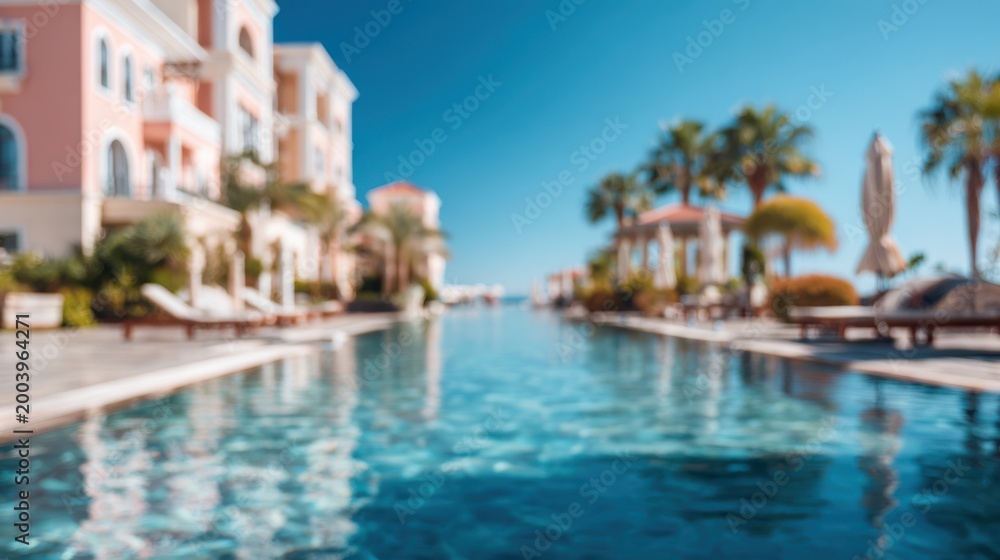 Fototapeta premium Cozy hotel poolside view with blurred lights and calm vacation vibe.