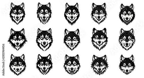 Foto Collection of 15 unique wolf head illustrations in black and white various expre