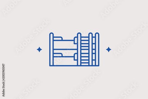 Double bunk bed with ladder line icon for shared kids' rooms and hostel dormitory layouts. Structured vector illustration for interior architecture projects and furniture shop banners.