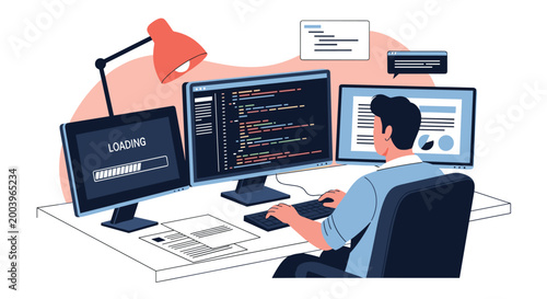 Male software engineer working on professional workstation with multiple screens displaying complex code lines.