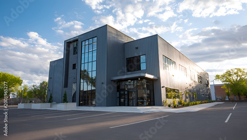 Modern Grey Building with Glass Facade Under a Cloudy Sky.