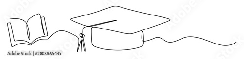A continuous line art illustration of an open book and a graduation cap. A symbol of primary education. Vector image for download with a transparent background.