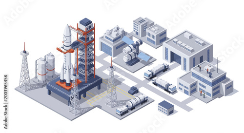 Tableau sur toile Isometric Space Launch Facility with Rocket and Support Buildings