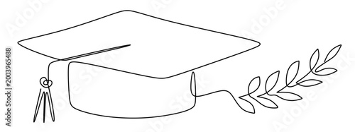 A continuous line art illustration of a graduation cap and a branch with a row of small leaves. A symbol of victory or academic achievement. Vector image for download with a transparent background.