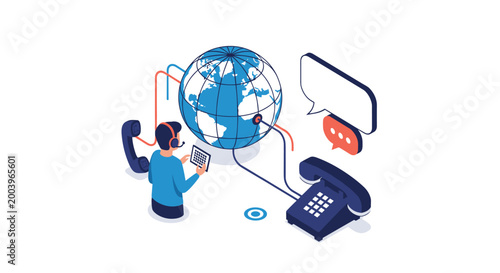 Global customer support service with call center operator globe telephone and communication message bubbles.