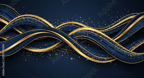 Elegant navy blue and gold swirling ribbons with glittering specks