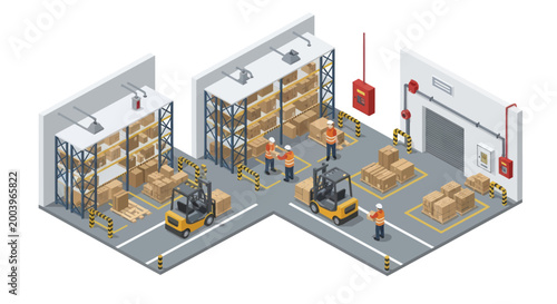 Isometric view of a busy warehouse with workers and forklifts.