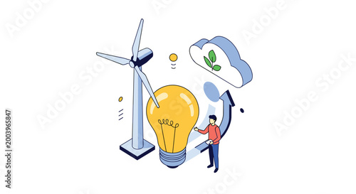 Renewable energy innovation with wind turbine light bulb and person developing sustainable green power solutions.
