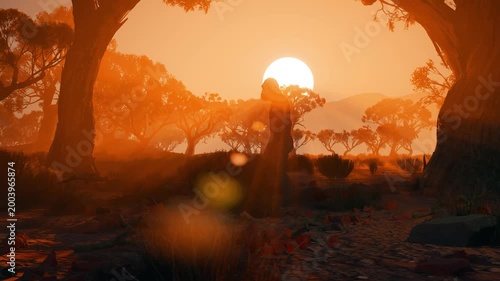 Witness the dawn of humanity as a lone bipedal ancestor takes their first steps across a sun-drenched, wild African plain in cinematic CGI