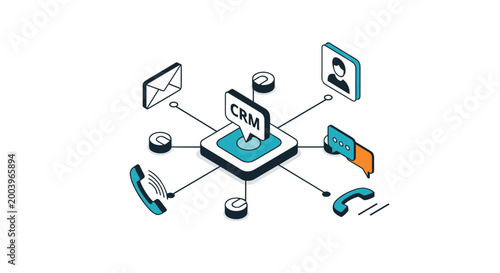 Customer relationship management CRM concept hub connected to email phone and social messaging communication.