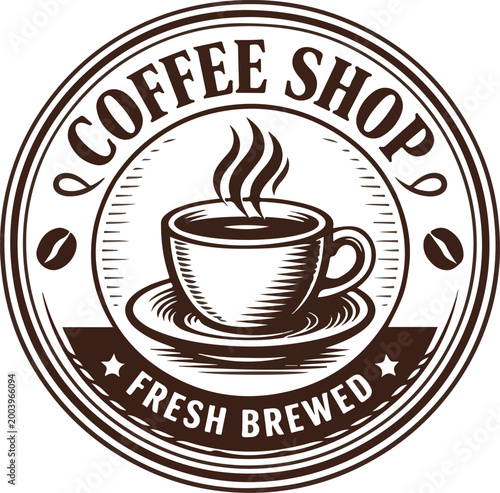 Vintage coffee shop logo with a steaming cup and coffee beans perfect for cafe branding menus or packaging design featuring a classic retro emblem style