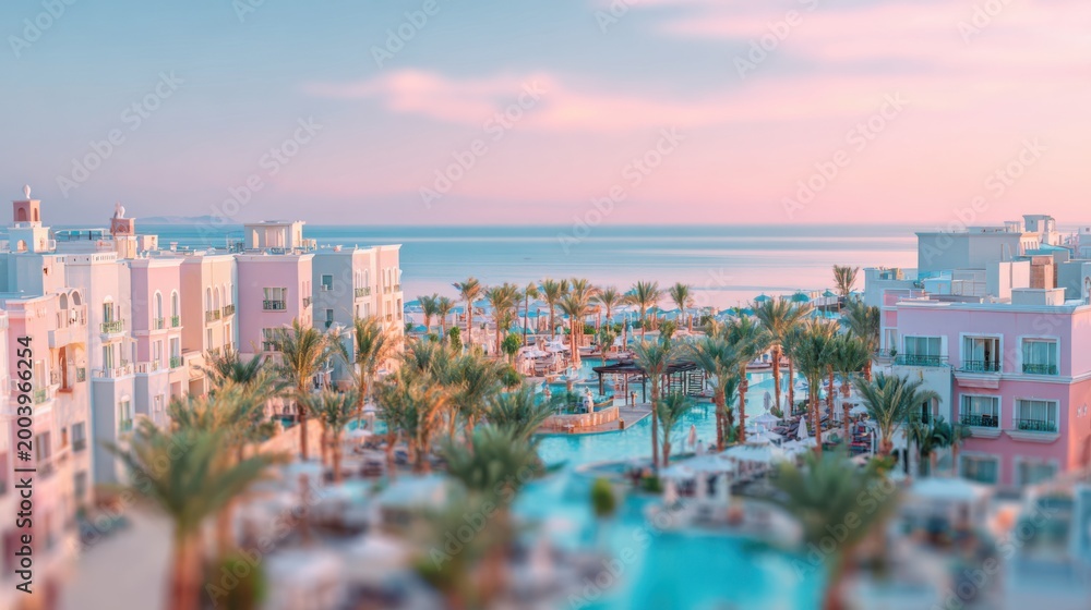 Naklejka premium Cozy seaside hotel view with blurred ocean and relaxing atmosphere.