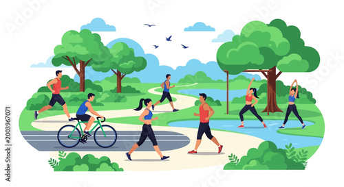 A group of active summer people enjoys outdoor activities in a park setting, with individuals running, cycling, and exercising along winding paths, set against a backdrop of lush trees