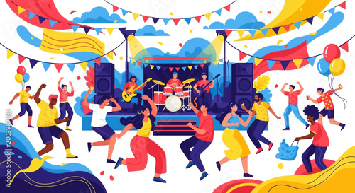 Vibrant vector illustration depicting summer people joyfully dancing at an outdoor music festival, complete with colorful flags, stage setup featuring musicians, and dynamic brushstroke