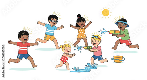 Cartoon illustration depicting joyful summer people, several children running and playing with water guns and buckets against a clean white background with a yellow sun, using bright