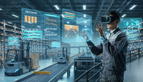 Warehouse worker immersed in a world of augmented reality in a modern warehouse, using virtual reality headset to analyze data for inventory, order fulfillment, and logistics.