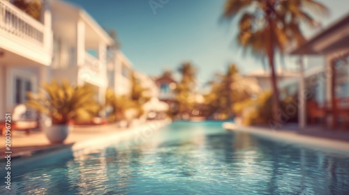 Blurred sunset hotel view with cozy atmosphere and warm colors.