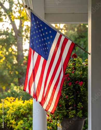 An American flag waves from a porch, lit by sunlight. Lush greenery, a white pillar, and red flowers complement the scene